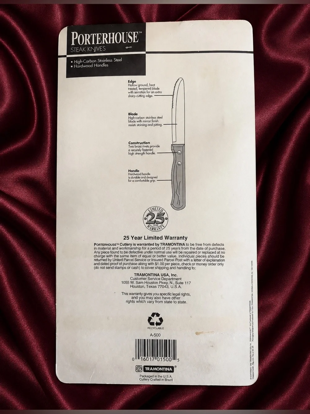 Tramontina Brand Porterhouse 8 Piece JUMBO SIZE Wood Handle Steak Knives Set NEW